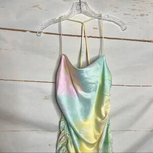 DO + BE Side Ruched Tie Dye Dress Size Medium Adjustable Straps Square Neck